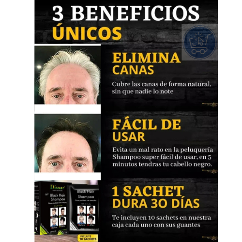 SHAMPOO EFECTIVO PARA CANAS DISAAR NEGRO Y CAFÉ. 10 UN